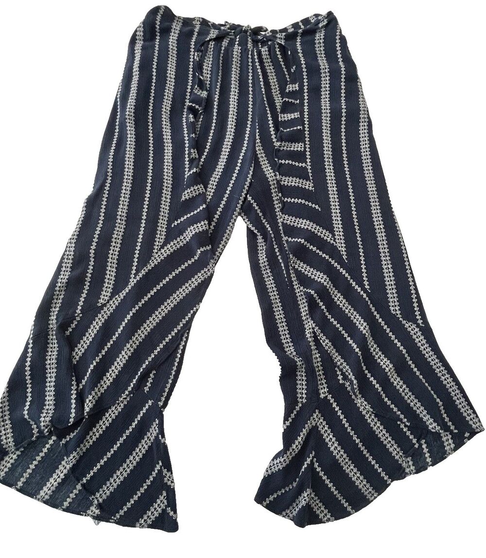 Palazzo Pants Navy Stripe Boho Handkerchief Hem Tie Waist Gypsy Y2K